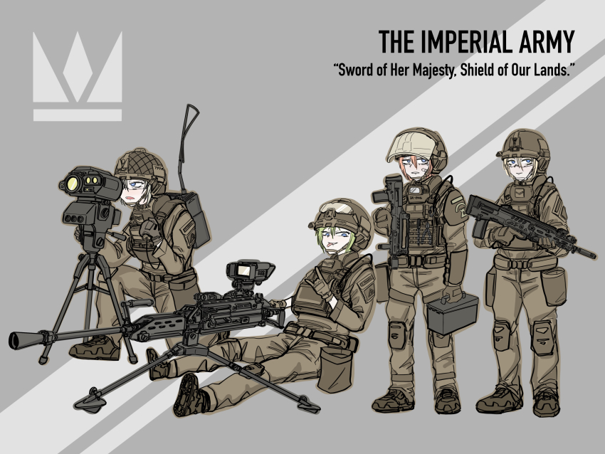 4girls :p absurdres ammunition_box assault_rifle blonde_hair bullpup combat_helmet echo_ojisan full_body green_hair gun heavy_machine_gun helmet highres holding holding_gun holding_weapon machine_gun military_combat_uniform military_uniform multiple_girls orange_hair original radio rifle sitting spotting standing tongue tongue_out tripod visor_(armor) w weapon