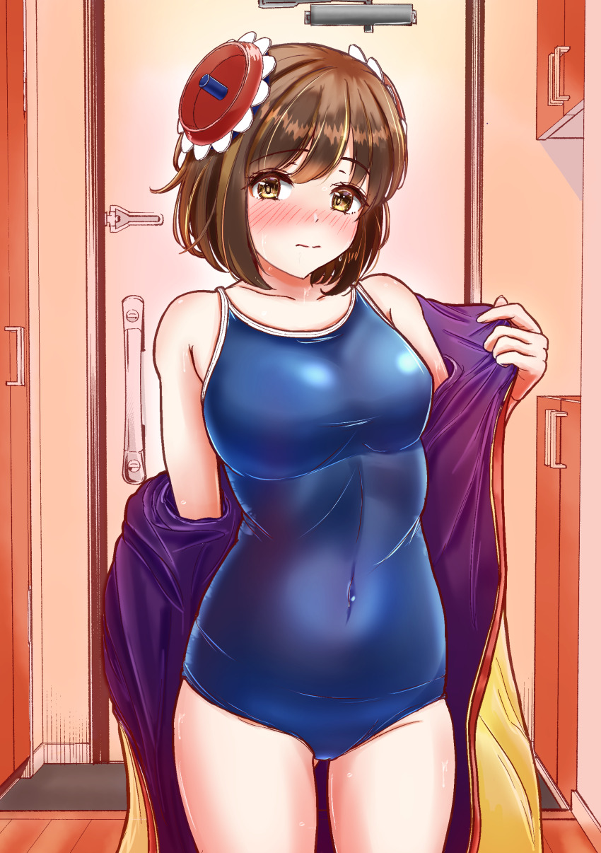 1girl absurdres blue_one-piece_swimsuit breasts brown_eyes brown_hair charomi commentary_request competition_school_swimsuit covered_navel cowboy_shot door highres koigahama_miroku large_breasts new_school_swimsuit one-piece_swimsuit robe school_swimsuit short_hair solo standing station_memories swimsuit swimsuit_under_clothes yellow_robe