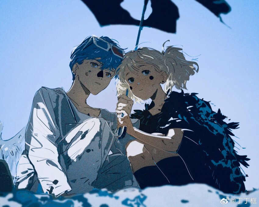 1boy 1girl ami_(fusheng_yi_xi) angel_wings black_socks blue_hair eyewear_on_head fusheng_yi_xi highres marking_on_cheek mia_(fusheng_yi_xi) sheya_tin socks squatting twintails umbrella watermark weibo_username weibo_watermark wings