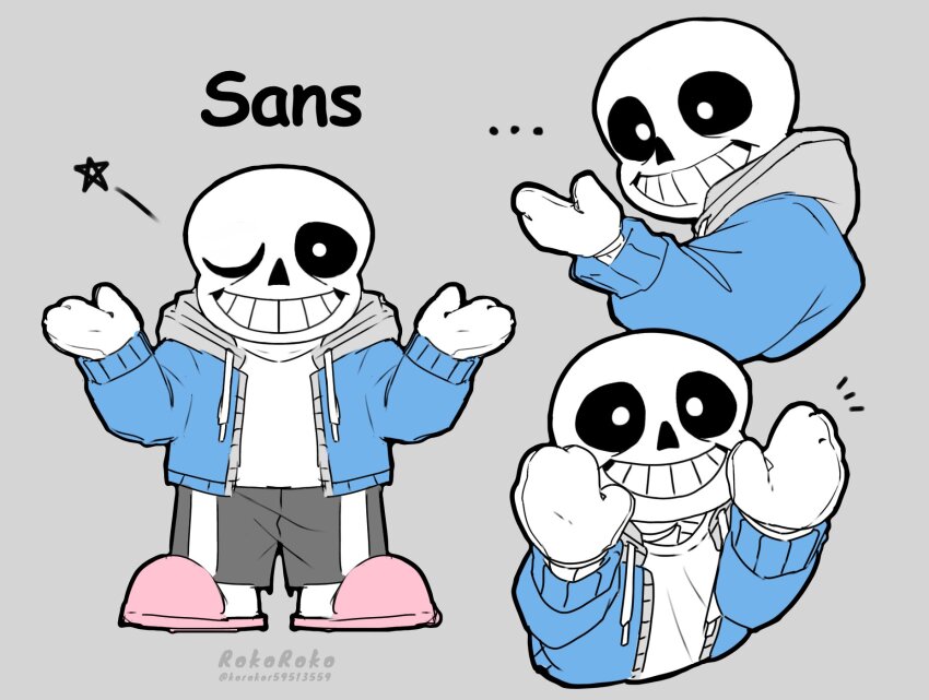 1boy artist_name black_shorts blue_jacket flat_color full_body grin highres hollow_eyes jacket korokor59513559 male_focus multiple_boys multiple_views one_eye_closed sans_(undertale) shorts skeleton smile solo teeth twitter_username undertale upper_body
