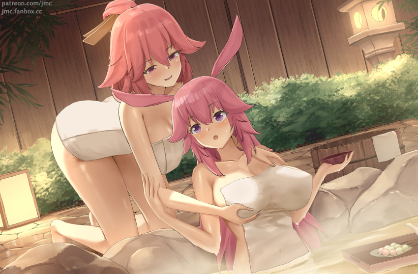 2girls :o animal_ears bare_legs bare_shoulders barefoot bathing blush breasts bucket cleavage covered_navel covering_privates dango floppy_ears food fox_ears genshin_impact hair_between_eyes hair_ornament hair_stick hand_on_another&#039;s_arm hands_on_another&#039;s_chest hanging_breasts holding honkai_(series) honkai_impact_3rd in-franchise_crossover joko_jmc kneeling large_breasts leaning_forward long_hair looking_at_another mihoyo multiple_girls naked_towel nude_cover onsen parted_lips partially_submerged pink_hair purple_eyes smile steam sweat thighs towel tray very_long_hair wagashi water wooden_bucket yae_miko yae_sakura