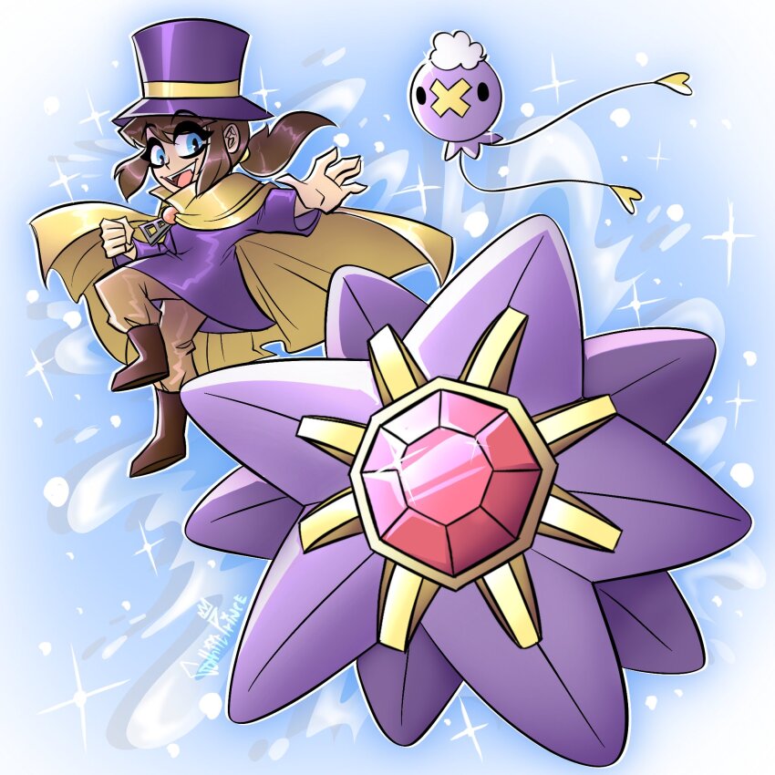 1girl :d a_hat_in_time ankle_boots artist_name balloon black_eyes blue_background blue_eyes boots brown_boots brown_hair brown_pants cape child clenched_hand colored_skin commentary crossover drifloon english_commentary eyebrows_visible_through_hat fangs gem gen_1_pokemon gen_4_pokemon gothiccprince hair_tie hat hat_kid hat_ribbon highres jacket long_hair long_sleeves looking_at_animal looking_to_the_side nintendo open_hand open_mouth outstretched_arm pants pokemon pokemon_(creature) ponytail purple_hat purple_jacket purple_skin ribbon sidelocks smile solid_oval_eyes solo sparkle_background starfish starmie teeth thick_eyelashes top_hat upper_teeth_only x yellow_cape yellow_ribbon zipper_pull_tab