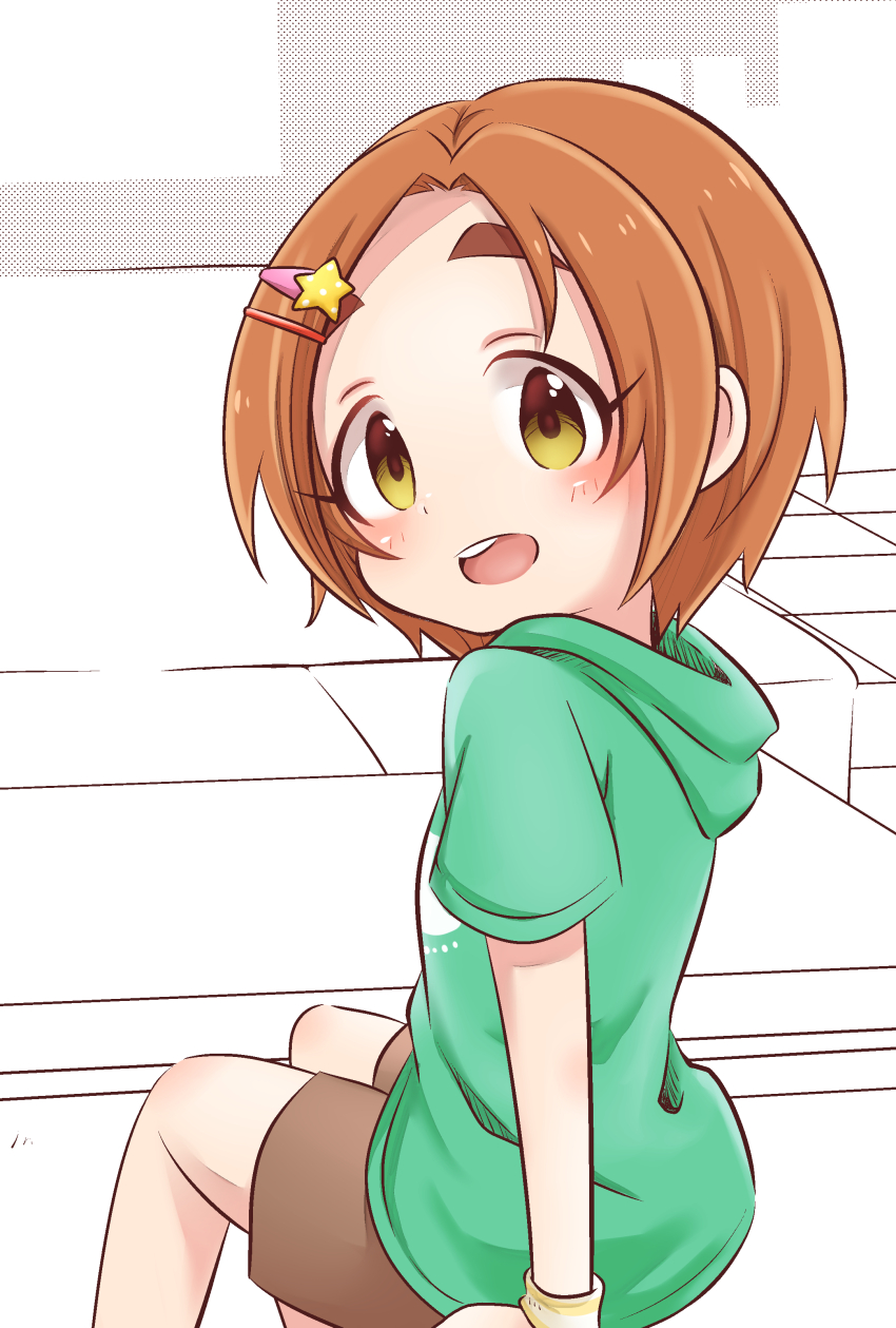 1girl absurdres bracelet brown_hair brown_shorts child dot_nose green_shirt hair_ornament hairclip highres hood hood_down idolmaster idolmaster_cinderella_girls jewelry looking_to_the_side maka073 open_mouth ryuzaki_kaoru shirt short_hair shorts solo teeth upper_teeth_only