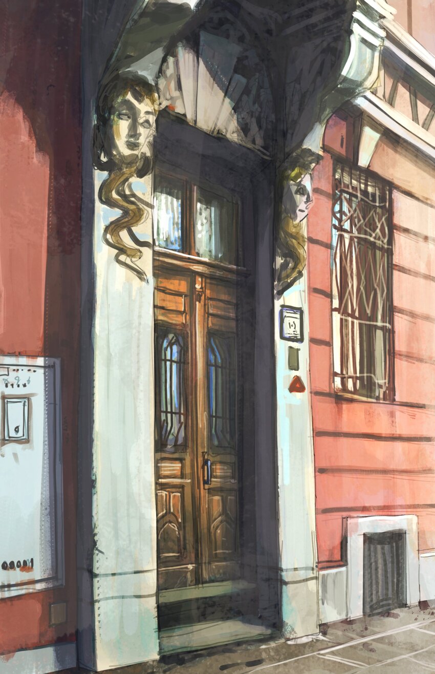 absurdres barred_window building bust_(sculpture) door entrance highres no_humans original painting_(medium) road sanegesan scenery sculpture shadow street sunlight traditional_media vent_(object) window wooden_door