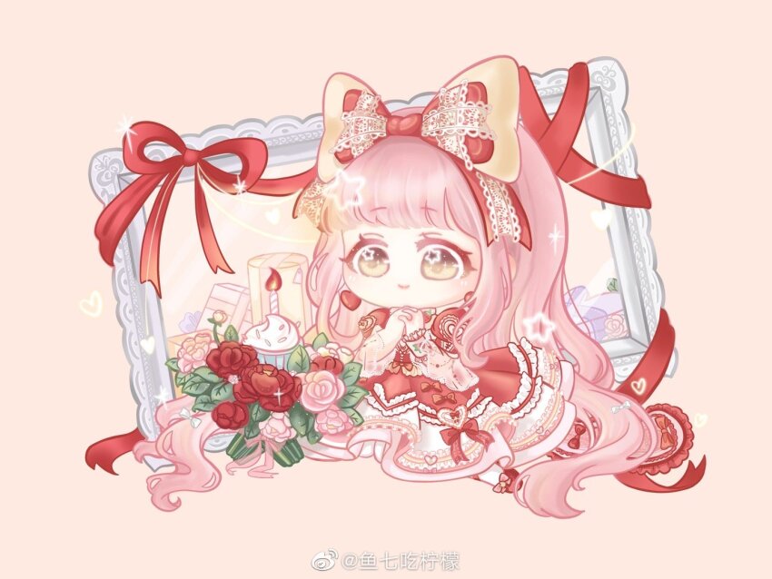 1girl absurdly_long_hair birthday blunt_bangs bouquet bow brown_eyes candle character_request chibi chinese_commentary closed_mouth commentary_request dress earrings eyelashes fire flower footwear_bow frilled_dress frilled_sleeves frilled_wrist_cuffs frills gift gown hair_bow happy heart heart_earrings heart_print interlocked_fingers jewelry kneeling lace-trimmed_bow lace_trim large_bow layered_sleeves light_blush long_dress long_hair long_sleeves looking_at_flowers nikki_(nikki) nikki_(series) nikki_up2u2:_world_traveller orange_background own_hands_clasped own_hands_together pantyhose picture_frame pink_bow pink_flower pink_hair pink_rose print_dress red_bow red_dress red_flower red_rose red_shoes rose see-through_clothes see-through_sleeves shoes short_over_long_sleeves short_sleeves sidelocks simple_background single_wrist_cuff smile solo sparkle star_(symbol) star_in_eye symbol_in_eye tareme very_long_hair watermark wavy_hair weibo_watermark white_pantyhose white_wrist_cuffs wrist_cuffs xiaoyu_qixing yellow_bow