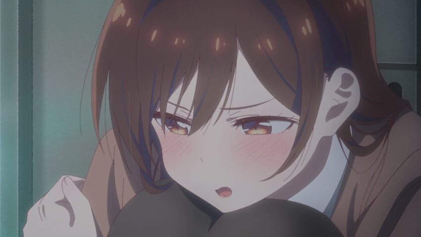 1girl anime_screenshot blush brown_coat brown_eyes brown_hair coat hair_between_eyes kanojo_okarishimasu knees_up mizuhara_chizuru official_art open_mouth sitting solo