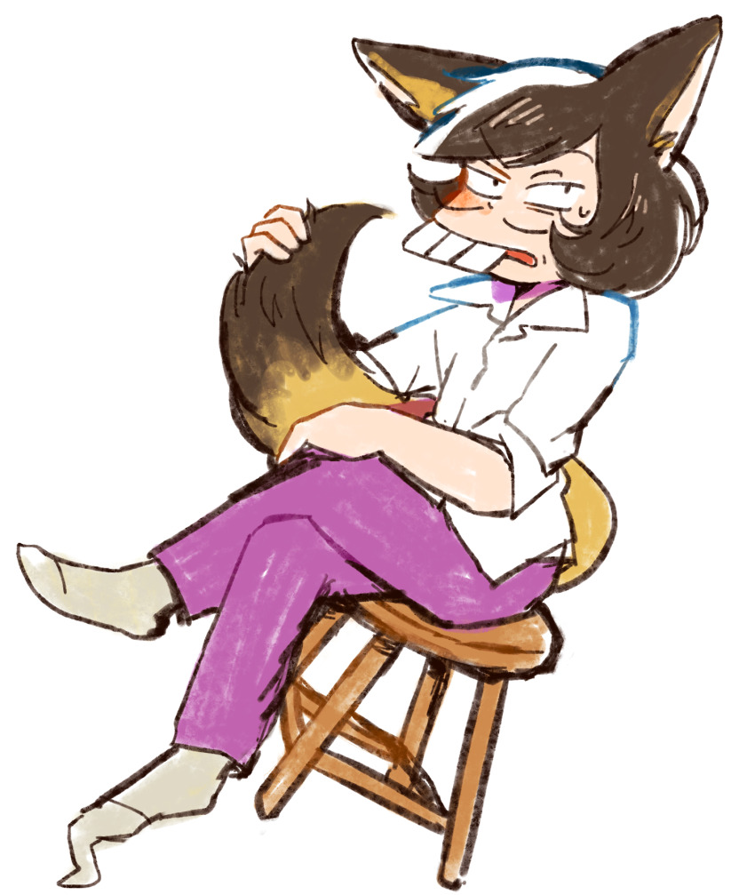 1boy animal_ear_fluff animal_ears brown_hair buck_teeth collared_shirt crossed_legs fox_boy fox_ears fox_tail highres holding_own_tail iyami kemonomimi_mode kuri_(shibimame) looking_at_viewer male_focus on_stool open_mouth osomatsu-san osomatsu_(series) pants purple_pants shirt single_loose_sock sitting sweatdrop swept_bangs tail teeth white_background white_shirt