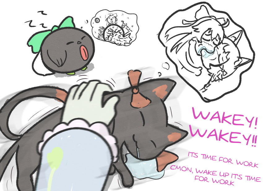 1girl :3 bird black_cat bow cat commentary dreaming english_commentary english_text female_pov full_body green_bow highres just_hatto kaenbyou_rin kaenbyou_rin_(cat) komeiji_satori meme moon_rabbit pov pov_hands red_bow reiuji_utsuho reiuji_utsuho_(bird) simple_background sleeping touhou watatsuki_no_toyohime watatsuki_no_yorihime white_background yoshi_and_toad_kissing_(meme) yuri zzz