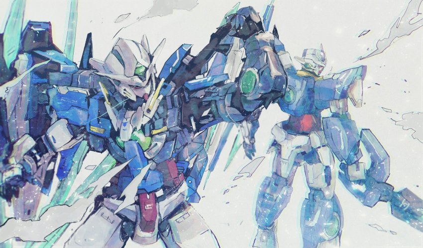 00_qan[t] aqua_eyes back-to-back commentary dust_cloud from_behind gundam gundam_00 gundam_00_a_wakening_of_the_trailblazer gundam_00_festival_10_&quot;re:vision&quot; gundam_exia_repair_iv highres holding holding_sword holding_weapon kare_(0621utak) looking_back mecha mobile_suit no_humans open_hand robot science_fiction shield simple_background standing sword upper_body v-fin weapon weapon_on_back white_background