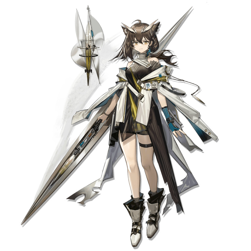 :| ahoge alpha_transparency arknights bare_shoulders bird_girl black_shirt black_shorts blue_gloves boots breasts brown_hair closed_mouth coat crossed_bangs drone earrings fingerless_gloves floating_hair full_body full_moon gloves hair_intakes high_collar highres holding holding_weapon hood hooded_coat id_card jewelry jiuri_jiuhao knee_boots long_hair looking_at_viewer medium_breasts moon no_nose official_art open_clothes open_coat owl_ears owl_girl rhine_lab_logo shirt short_shorts shorts silence_(arknights) silence_the_paradigmatic_(arknights) single_earring single_fingerless_glove solo stuffed_owl thigh_strap third-party_source weapon white_boots white_coat yellow_eyes