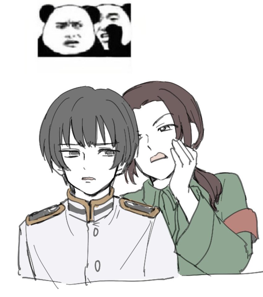 2boys armband axis_powers_hetalia black_eyes black_hair blunt_ends brown_hair buttons china_(hetalia) collared_jacket green_jacket hand_up highres jacket japan_(hetalia) long_hair long_sleeves looking_at_another low_ponytail male_focus military_jacket military_uniform multiple_boys open_mouth ponytail red_armband sama_8_sm short_hair simple_background upper_body v-shaped_eyebrows whispering_in_ear white_background white_eyes white_jacket wide_sleeves