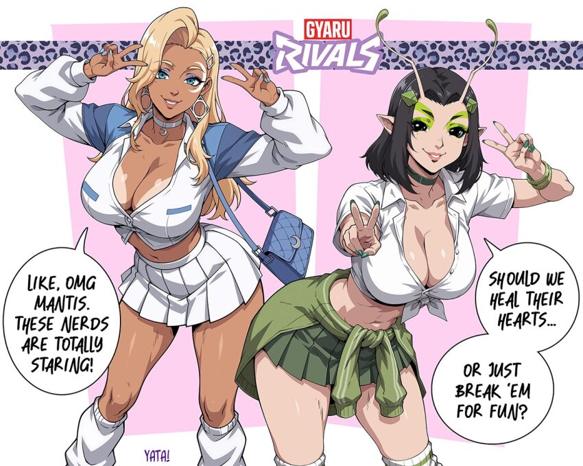 2girls alternate_costume antennae bag black_hair blonde_hair breasts cleavage clothes_around_waist dagger_(marvel) double_v earrings english_text eyeshadow facial_tattoo front-tie_top ganguro green_eyeshadow guardians_of_the_galaxy gyaru handbag hoop_earrings jewelry large_breasts leaning_forward leg_warmers makeup mantis_(marvel) marvel marvel_cinematic_universe marvel_rivals miniskirt multiple_girls open_collar partially_unbuttoned skirt smile speech_bubble tan tanline tattoo thighs v yatagarasupen