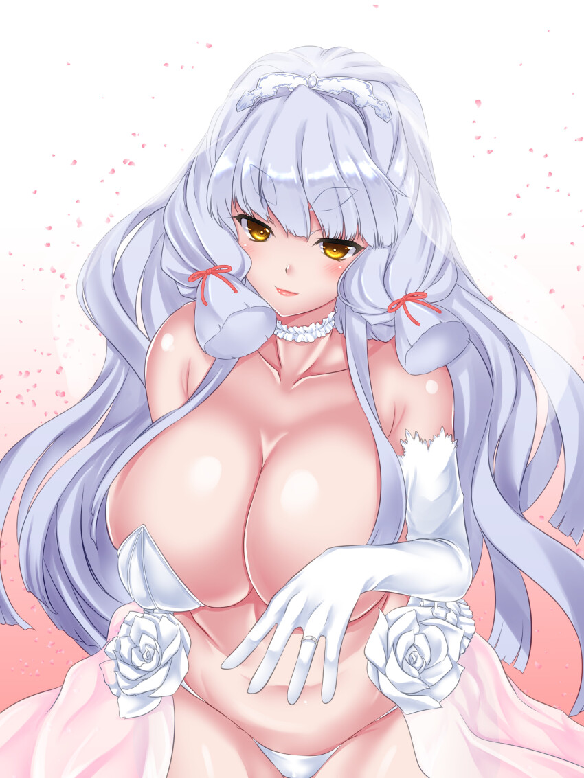 1girl absurdres aged_up bare_shoulders blush breasts bridal_veil bride choker collarbone covered_erect_nipples dress elbow_gloves gloves grey_hair hakkai highres jewelry kantai_collection large_breasts lips long_hair looking_at_viewer murakumo_(kancolle) murakumo_kai_ni_(kancolle) ring sidelocks smile thick_eyebrows tiara veil very_long_hair wedding_dress wedding_ring yellow_eyes