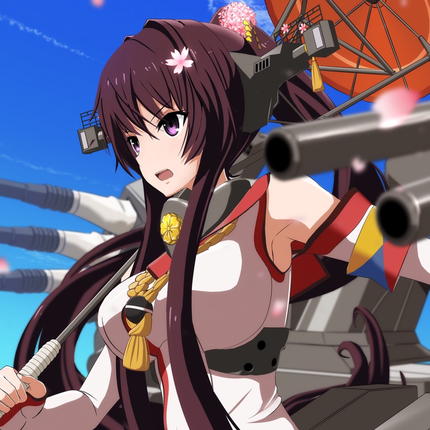 10s 1girl 3d breasts brown_hair cherry_blossoms collar day detached_sleeves female_focus flower hair_flower hair_intakes hair_ornament headgear highres kantai_collection large_breasts long_hair looking_to_the_side oil-paper_umbrella open_mouth outdoors petals ponpu-chou ponytail purple_eyes ship_turret sky smokestack solo umbrella upper_body yamato_(kancolle) z-flag