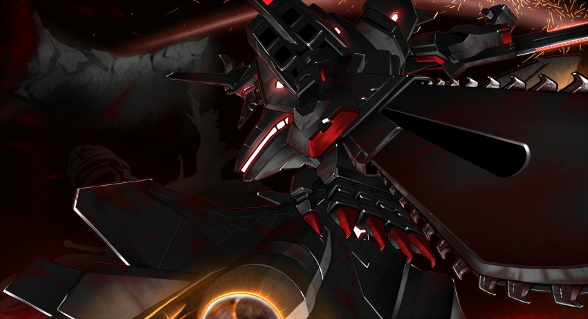 alien battle beta_(muv-luv) blood chainsaw claws gomi_kushige md5_mismatch mecha monster muv-luv no_humans robot science_fiction sparks su-47 su-47_berkut teeth