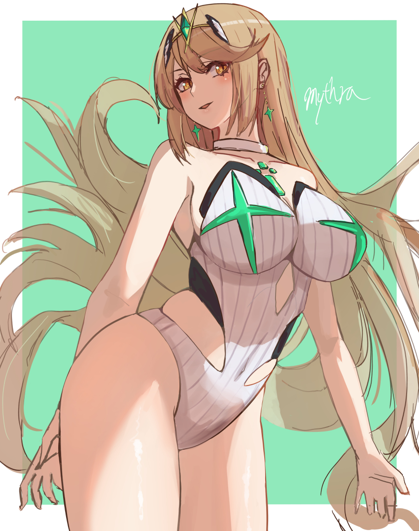 1girl absurdres amausa_subee blonde_hair border breasts character_name chest_jewel collarbone core_crystal_(xenoblade) cowboy_shot cutout_above_navel green_background highleg highleg_one-piece_swimsuit highres hip_vent large_breasts long_hair mythra_(radiant_beach)_(xenoblade) mythra_(xenoblade) one-piece_swimsuit simple_background solo strapless strapless_one-piece_swimsuit swimsuit thighs very_long_hair white_border white_one-piece_swimsuit xenoblade_chronicles_(series) xenoblade_chronicles_2 yellow_eyes