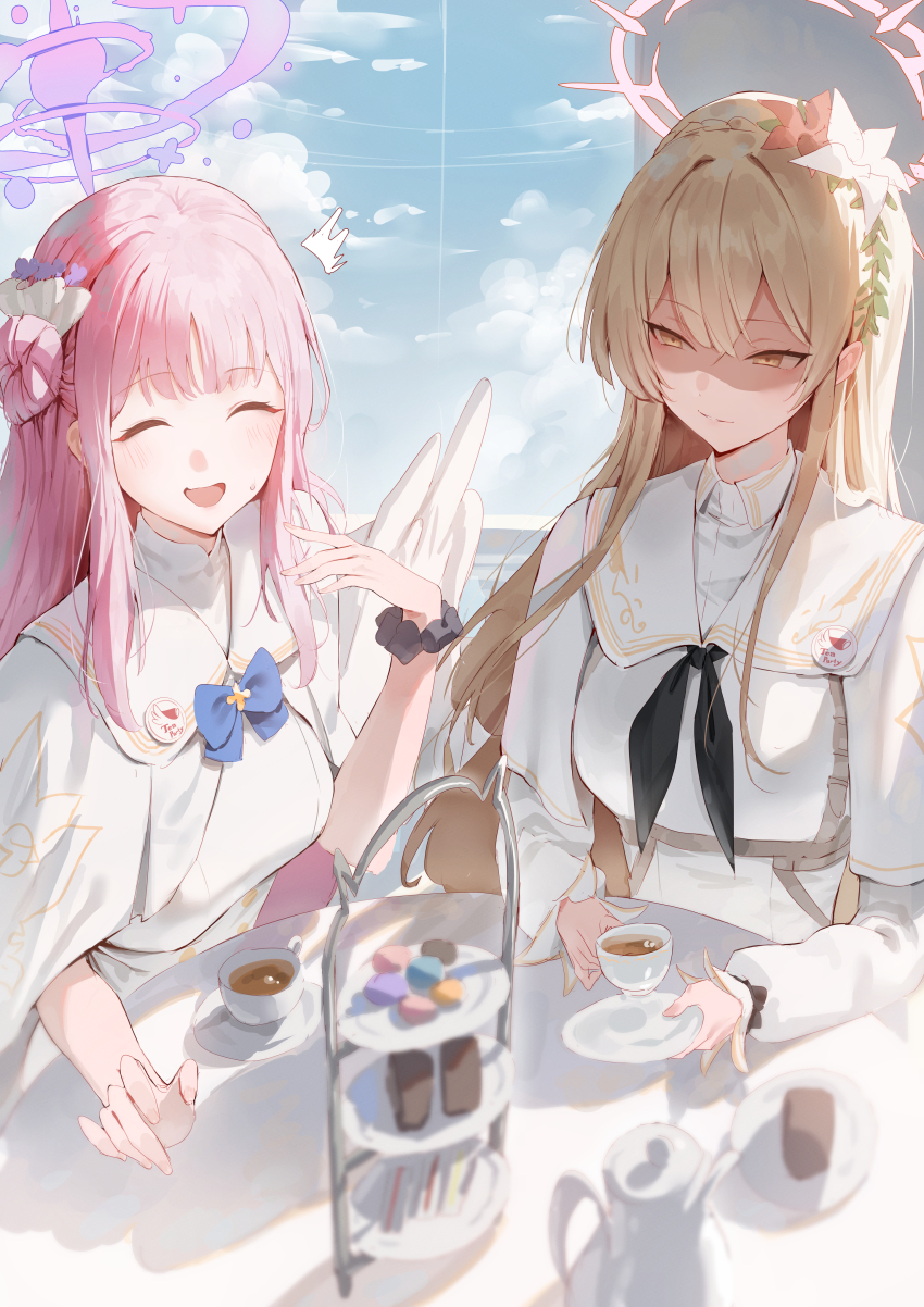 2girls ^^^ absurdres black_neckerchief blue_archive blue_bow blue_bowtie bow bowtie braid brown_eyes brown_hair cake_stand capelet closed_mouth cloud cloudy_sky crown_braid cup dated_commentary day dress facing_viewer feathered_wings food hair_bun hair_ornament highres holding holding_cup holding_saucer looking_at_another low_wings macaron mika_(blue_archive) multiple_girls nagisa_(blue_archive) neckerchief nervous_smile open_mouth partially_shaded_face pink_hair rororo sailor_collar saucer scrunchie shirt single_hair_bun single_side_bun sitting sky smile teacup teapot white_capelet white_dress white_sailor_collar white_shirt white_wings wings wrist_scrunchie