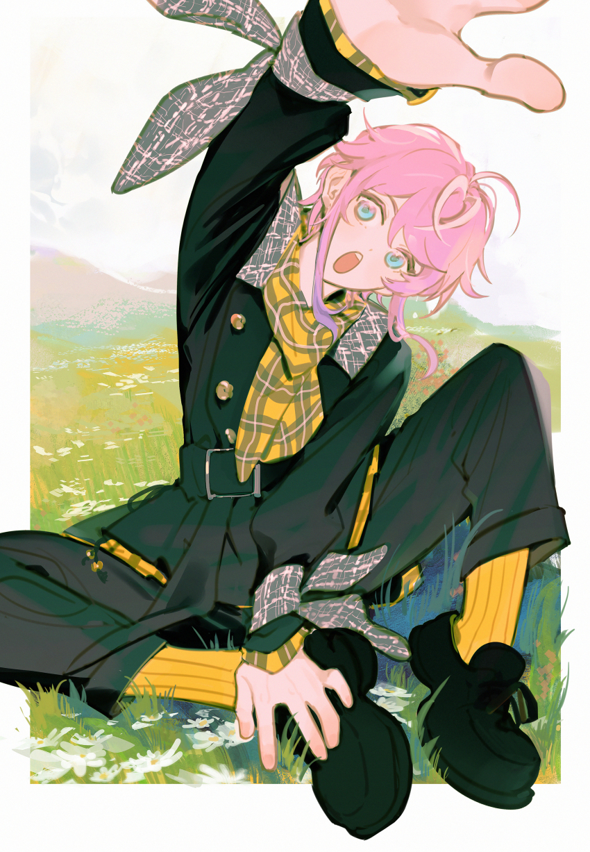 1boy absurdres amemura_ramuda androgynous argentum_1121 belt black_belt black_jacket black_pants black_shoes blue_eyes crossed_bangs field flower flower_field full_body grass hand_on_own_foot hand_up head_tilt highres hypnosis_mic jacket looking_at_viewer male_focus pants pink_hair reaching reaching_towards_viewer scarf shoes sitting socks trap yellow_scarf yellow_socks