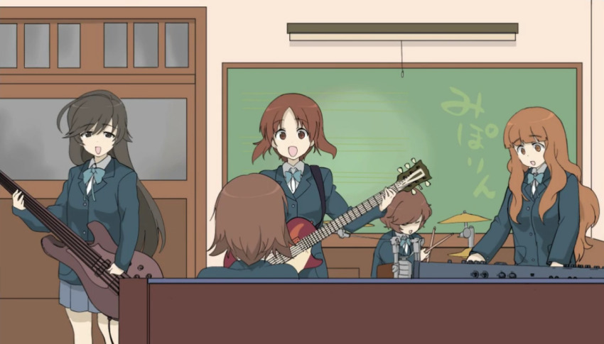 5girls akiyama_yukari bad_id bad_twitter_id bass_guitar black_hair brown_eyes brown_hair cosplay drum drum_set electric_guitar fender_jazz_bass fender_mustang gibson_les_paul girls_und_panzer guitar henyaan_(oreizm) ho-kago_tea_time instrument isuzu_hana k-on! keyboard_(instrument) long_hair miniskirt multiple_girls nishizumi_miho open_mouth parody pleated_skirt sakuragaoka_high_school_uniform school_uniform shirt short_hair skirt smile standing synthesizer takebe_saori
