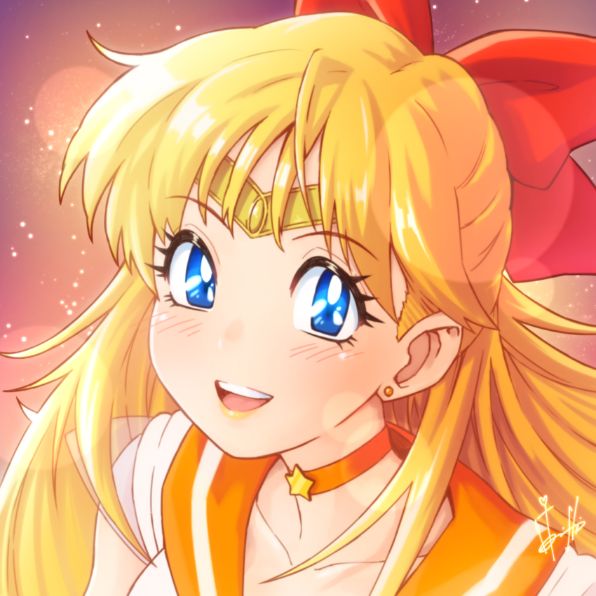 aino_minako bishoujo_senshi_sailor_moon blue_eyes choker earrings gradient_background hair_ribbon highres hori_shin inner_senshi jewelry open_mouth orange_background orange_choker orange_sailor_collar ribbon sailor_collar sailor_senshi sailor_senshi_uniform sailor_venus signature solo star_(symbol) star_symbol_background stud_earrings super_sailor_venus_(stars) teeth tiara upper_teeth_only