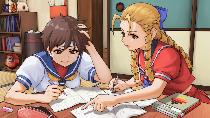 2girls antenna_hair blonde_hair blue_bow blue_neckerchief blue_sailor_collar book bookshelf bow braid brown_eyes brown_hair closed_mouth commentary_request daruma_doll eraser fusuma hair_bow hand_on_own_head headband highres holding holding_pencil homework indoors kanzuki_karin kasugano_sakura long_hair maneki-neko mechanical_pencil multiple_girls neckerchief notebook parted_lips pencil pencil_case pointing puffy_short_sleeves puffy_sleeves red_sailor_collar red_shirt ringlets sailor_collar school_uniform shirt short_hair short_sleeves sliding_doors street_fighter street_fighter_zero_(series) studying sweat table tatami teeth trash_can v-shaped_eyebrows white_headband white_shirt x_chitch yellow_neckerchief