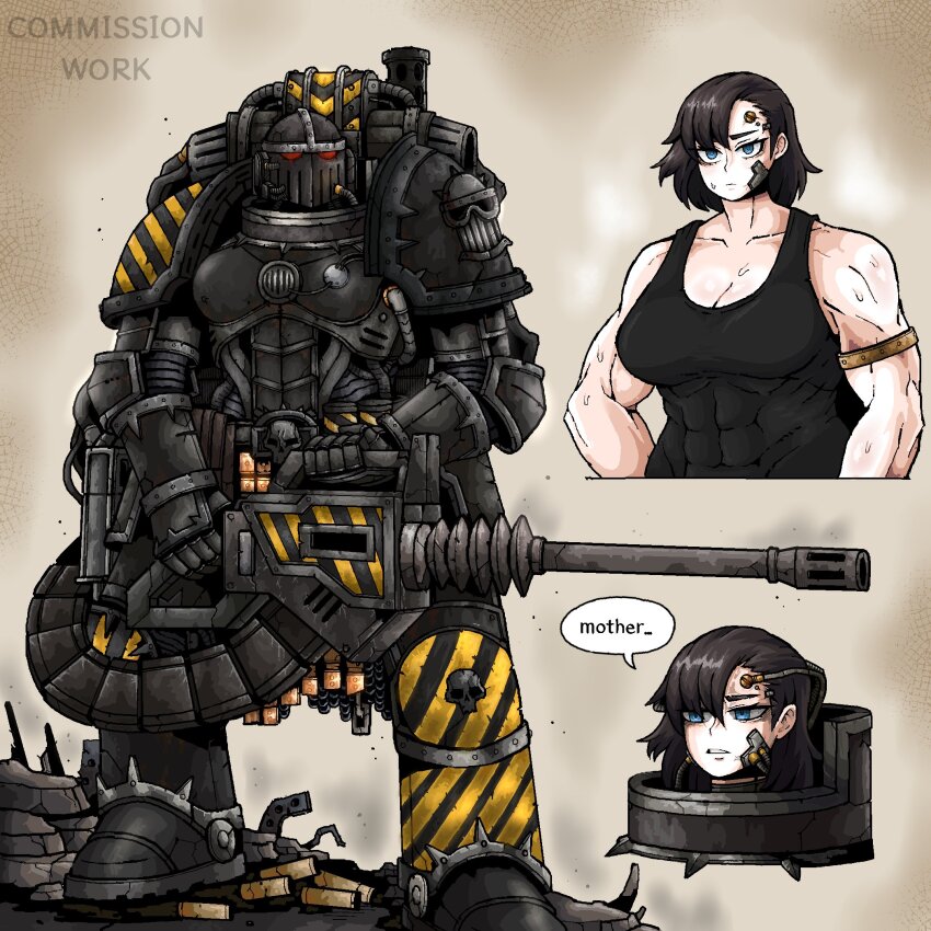 1.00_calibre_bolt 1girl abs ammunition ammunition_chute armor biceps black_tank_top blue_eyes bolt_(warhammer_40k) brown_hair commission genderswap heavy_bolter highres iron_warriors mechabare multiple_views muscular muscular_female octosoup power_armor shell_casing space_marine tank_top warhammer_40k
