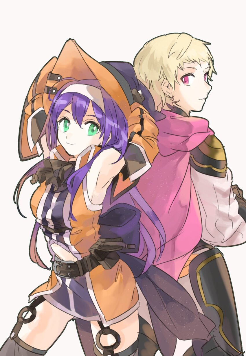 1boy 1girl aristocratic_clothes ascot black_ascot blonde_hair clothing_cutout fire_emblem fire_emblem:_path_of_radiance fire_emblem:_radiant_dawn fire_emblem_fates fire_emblem_heroes hairband halloween_costume hat highres hukashin mia_(fire_emblem) mia_(halloween)_(fire_emblem) navel_cutout nintendo o-ring_legwear_garter orange_sleeves red_eyes siegbert_(fire_emblem) white_hairband witch witch_hat