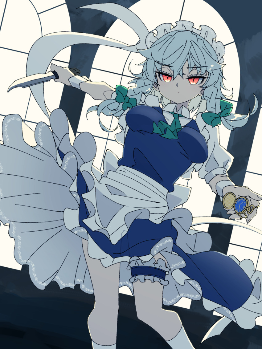 1girl apron back_bow bow braid breasts clock dress green_bow grey_hair hair_bow highres holding holding_knife holding_pocket_watch izayoi_sakuya knife maid maid_apron maid_headdress pocket_watch red_eyes ryouryou short_hair solo touhou twin_braids waist_apron watch window