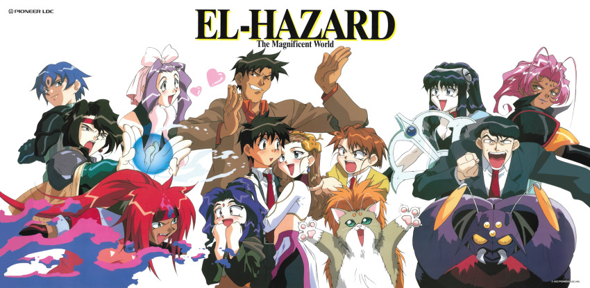 1990s_(style) 4boys 6+girls afura_mann alielle aqua_eyes black_hair blue_eyes blue_hair blush brown_hair bug business_suit cat company_name constricted_pupils copyright_name dark-skinned_female dark_skin earrings el_hazard everyone facial_mark fire forehead_mark formal_clothes grin headband heart high_ponytail highres hug ifurita jealous jewelry jinnai_nanami logo long_hair looking_at_viewer magic miz_mishtal mizuhara_makoto multiple_boys multiple_girls necktie official_art one_eye_closed open_mouth orange_eyes outstretched_arms pink_hair ponytail purple_hair red_hair red_neckwear retro_artstyle rune_venus shayla-shayla short_hair simple_background smile suit white_background yellow_eyes