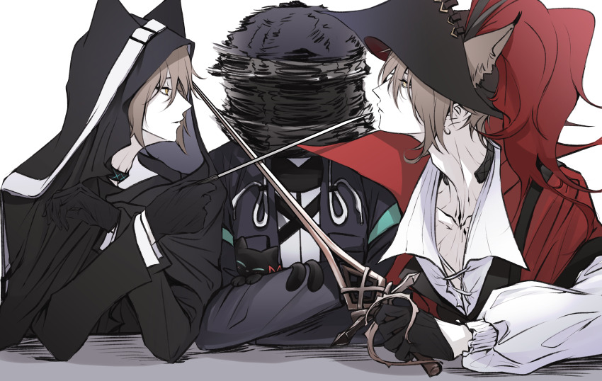 1other 2boys absurdres animal_ears arknights black_cape black_gloves black_headwear black_jacket black_shirt brown_hair cape cat_boy cat_ears commentary doctor_(arknights) dual_persona feathers gloves half_gloves hat hat_feather highres hood hooded_cape jacket long_sleeves looking_at_another mask material_growth motion_lines multiple_boys oripathy_lesion_(arknights) p_(hgdsisd) phantom_(arknights) phantom_(focus)_(arknights) red_cape red_feathers shirt simple_background sword_to_throat the_weaker_sex_1_(gibson) upper_body white_background white_shirt yellow_eyes