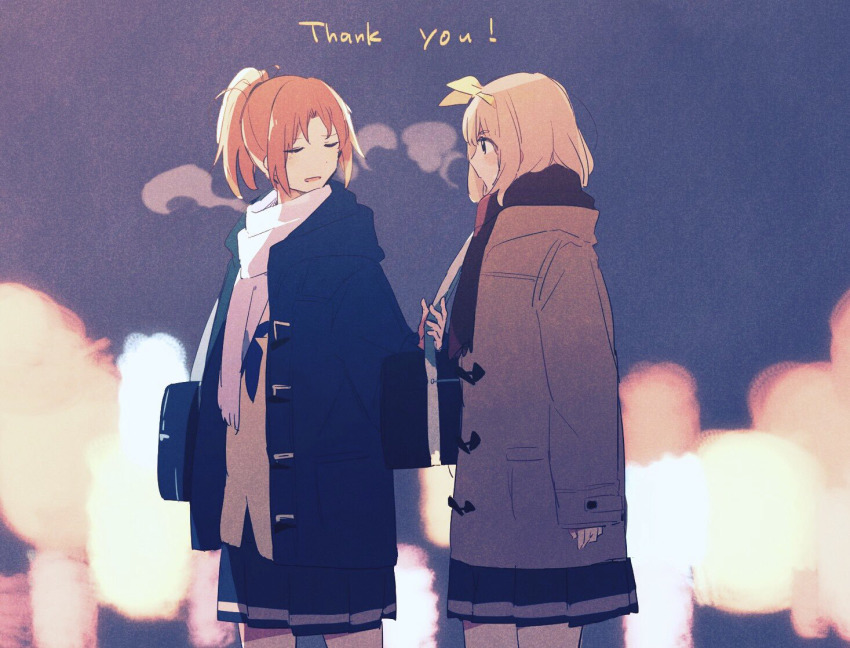 2girls bag black_scarf blonde_hair bow breath brown_hair cetacea_kw closed_eyes coat cowboy_shot english_text facing_another hair_bow hibike!_euphonium long_hair long_sleeves looking_at_another multiple_girls nakagawa_natsuki open_clothes open_coat open_mouth pleated_skirt pocket ponytail scarf shoulder_bag skirt sleeves_past_wrists smile thank_you white_scarf yellow_bow yoshikawa_yuuko