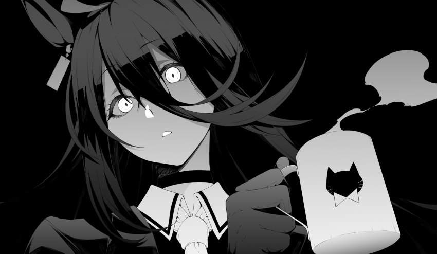1girl ahoge animal_ears black_background coffee_mug cup gloves glowing glowing_eyes greyscale highres horse_ears long_bangs long_hair manhattan_cafe_(umamusume) monochrome mug necktie steam tsukamoto_minori umamusume