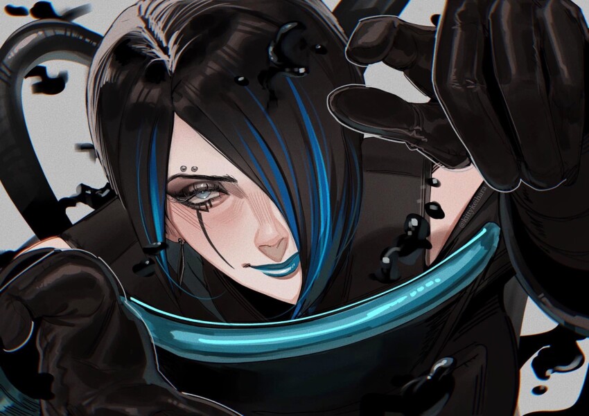 1girl apex_legends black_eyeshadow black_gloves blue_eyes blue_hair blue_lips blush cable catalyst_(apex_legends) chromatic_aberration earrings eyebrow_piercing eyeshadow gloves grey_background highres jewelry kitty_keihara looking_at_viewer makeup multicolored_hair piercing portrait short_hair smile solo streaked_hair
