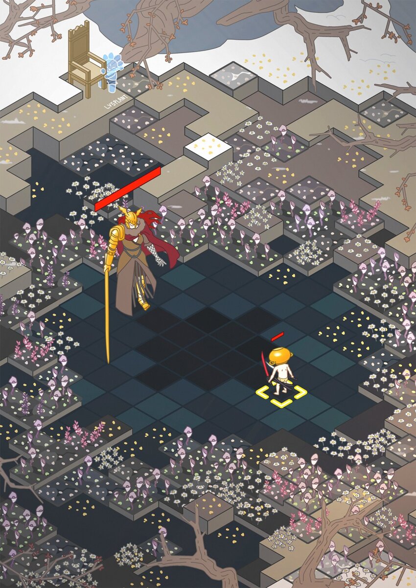 1girl 2boys cape chair covered_eyes dress dual_wielding elden_ring fake_screenshot full_body health_bar height_difference helmet helmet_over_eyes highres holding isometric let_me_solo_her long_hair looking_at_another lv5plant malenia_blade_of_miquella multiple_boys pot_on_head prosthesis prosthetic_arm red_hair standing tall_female topless_male user_interface