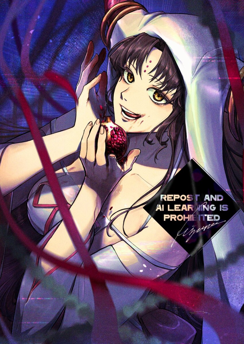1girl black_hair blurry blurry_foreground brown_hair detached_sleeves eyelashes fate/grand_order fate_(series) fingernails food fruit highres holding holding_food holding_fruit long_hair looking_at_viewer mizuna237 pomegranate red_ribbon ribbon sessyoin_kiara sessyoin_kiara_(heaven&#039;s_hole) sessyoin_kiara_(third_ascension) solo veil white_veil