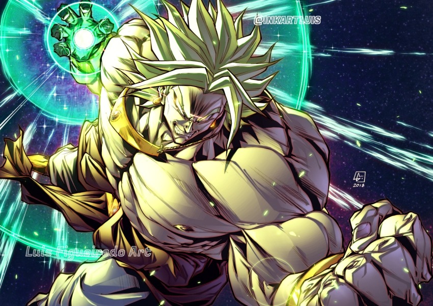 1boy angry armband artist_logo artist_name blank_eyes broly_(dragon_ball_z) clenched_teeth dragon_ball dragonball_z earrings energy gold_earrings gorget green_hair green_light jewelry ki_blast large_pectorals legendary_super_saiyan logo luis_figueiredo male_focus muscular muscular_male pants pectorals sash solo space sparkle super_saiyan teeth twitter_username white_pants yellow_sash