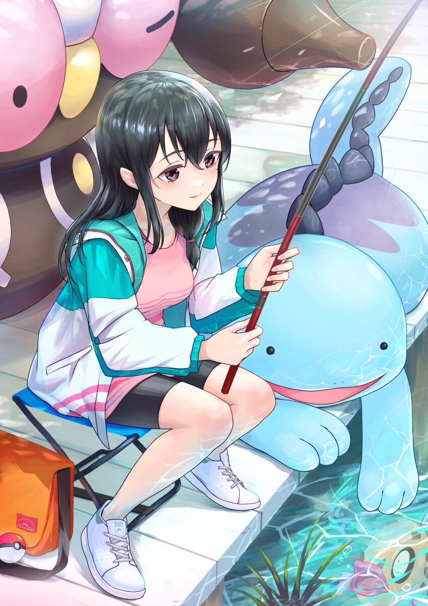 1girl adidas air_bubble aqua_jacket bag bag_charm bike_shorts black_hair black_shorts blush bubble charm_(object) claydol closed_mouth commentary_request commission crossover eyelashes feebas fish fishing fishing_rod fujiwara_hajime full_body gen_2_pokemon gen_3_pokemon grass hair_between_eyes highres holding holding_fishing_rod idolmaster idolmaster_cinderella_girls jacket light_rays long_hair long_sleeves making-of_available multicolored_jacket nabe_puyo nintendo open_clothes open_jacket orange_bag pink_shirt plant poke_ball poke_ball_(basic) pokemon pokemon_(creature) purple_eyes quagsire shirt shoes shorts shoulder_bag sidelocks sitting skeb_commission smile sneakers water white_footwear white_jacket