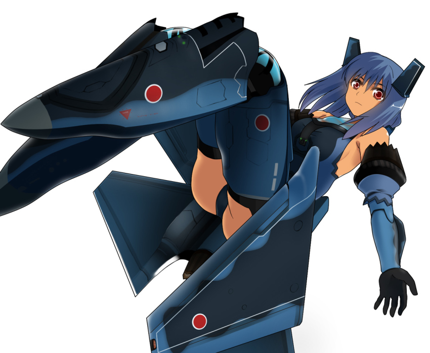 1girl aasara aircraft airplane alternate_color bare_shoulders black_thighhighs blue_hair camouflage canopy female_focus gauntlets japan_air_self-defense_force japan_self-defense_force jet mecha_musume military mitsubishi_f-2 original red_eyes robot_ears simple_background solo star-shaped_pupils star_(symbol) symbol-shaped_pupils thighhighs white_background