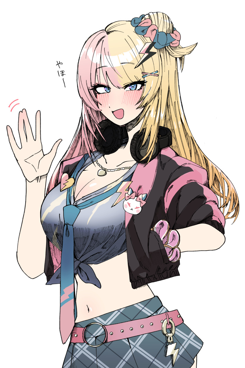 1girl absurdres amesuku_gyaru arm_up belt blonde_hair blue_eyes blue_necktie blush breasts cleavage cropped_jacket gyaru hair_ornament hair_scrunchie hand_in_pocket headphones headphones_around_neck highres jewelry kogal kotoka_torahime kotoka_torahime_(1st_costume) large_breasts lightning_bolt lightning_bolt_hair_ornament lightning_bolt_symbol long_hair looking_at_viewer midriff multicolored_hair multicolored_shirt navel necklace necktie nijisanji nijisanji_en open_mouth pink_belt pink_hair pink_nails scrunchie shirt solo split-color_hair talking three-quarter_sleeves tied_shirt tsuukon_(tukonn) virtual_youtuber waving white_background wrist_scrunchie x_hair_ornament