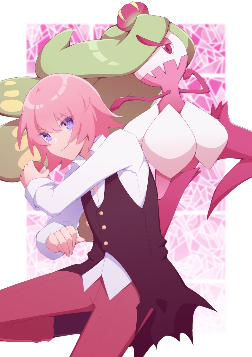 1boy absurdres black_footwear black_vest boots buttons collar crossover crown eyeshadow gen_7_pokemon green_hair highres holding holding_poke_ball kingdom_hearts kingdom_hearts_x lauriam long_sleeves looking_at_viewer makeup mini_crown monster_girl mosaic_background nintendo pants pink_eyes pink_hair plant_girl poke_ball poke_ball_(basic) pokemon pokemon_(creature) purple_eyes purple_thighhighs red_pants shirt short_hair smile standing thighhighs tri_tails tsareena vest w3n6ev waistcoat