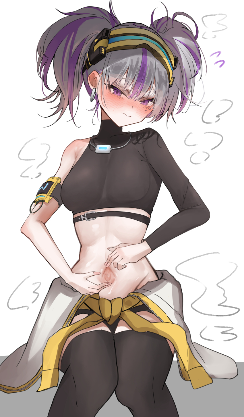 1girl absurdres armlet black_shorts black_thighhighs blush closed_mouth clothes_around_waist cowboy_shot crop_top drilley_(nikke) embarrassed goddess_of_victory:_nikke grey_background grey_hair highres iwazaki jacket jacket_around_waist jewelry long_sleeves looking_at_viewer midriff multicolored_hair navel purple_eyes purple_hair shorts simple_background single_sleeve sitting solo spread_navel thighhighs twintails two-tone_hair