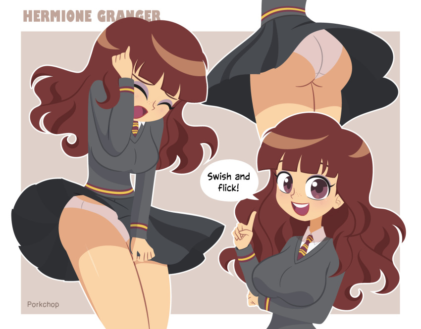 1girl artist_request ass breasts brown_eyes brown_hair clothes_lift female_focus grey_sweater harry_potter_(series) hermione_granger highres hogwarts_school_uniform large_breasts long_hair necktie open_mouth panties pleated_skirt school_uniform skirt skirt_lift speech_bubble sweater underwear wedgie white_panties wizarding_world