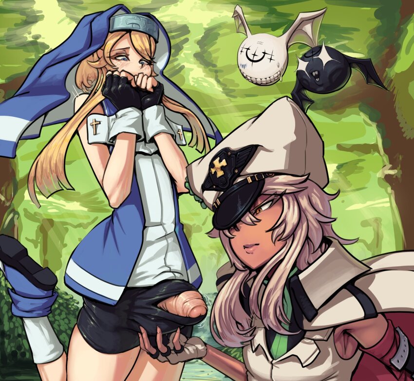 1boy 1girl bandaged_arm bandages bike_shorts biting black_gloves blonde_hair blue_eyes blush boxman bridget_(guilty_gear) covered_penis cuffs dark-skinned_female dark_skin erection fingerless_gloves gloves guilty_gear guilty_gear_strive guilty_gear_xx habit highres large_penis long_hair lucifero_(guilty_gear) mars_symbol nun penis ramlethal_valentine red_bandage short_shorts shorts testicles trap white_hair