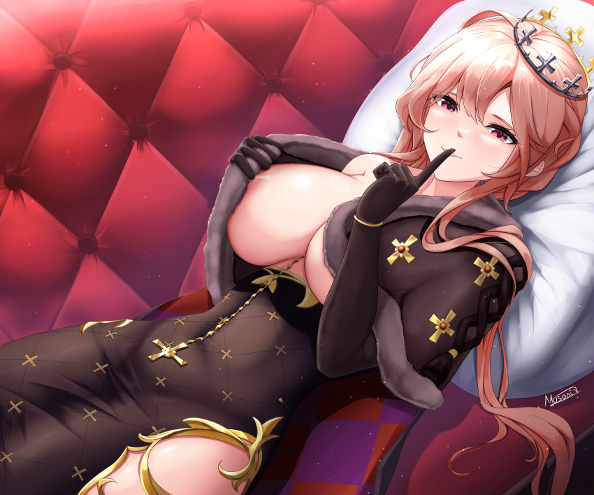 1girl absurdres areola_slip argyle_cape argyle_clothes azur_lane black_cape black_dress black_gloves breasts brown_hair cape cape_lift cleavage clemenceau_(azur_lane) commentary couch covered_navel cross crown dress elbow_gloves english_commentary fur_trim gloves hair_between_eyes highres hip_vent index_finger_raised large_breasts long_dress long_hair looking_at_viewer lying musanix on_back on_couch parted_lips pillow red_eyes shadow sidelocks signature single_bare_shoulder smile solo strip_tease teasing tight_clothes tight_dress two-sided_cape two-sided_fabric two-tone_cape bracelet
