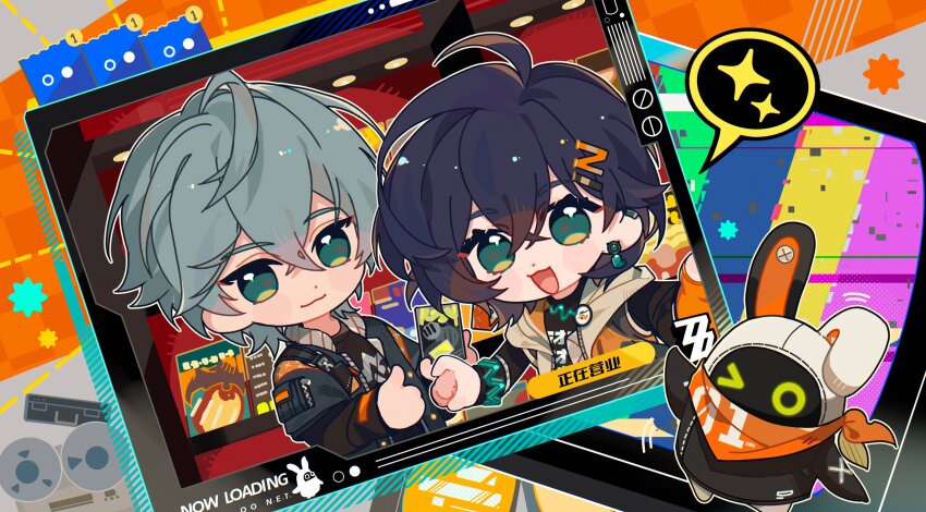 1boy 1girl absurdres bangboo_(zenless_zone_zero) belle_(zenless_zone_zero) black_hair black_shirt brother_and_sister chibi closed_mouth earclip earrings eous_(zenless_zone_zero) gloves green_eyes grey_hair grey_jacket hair_between_eyes hair_ornament hands_up highres humi_humi jacket jewelry letter_hair_ornament long_sleeves looking_at_viewer open_clothes open_jacket open_mouth orange_gloves shirt short_hair siblings single_glove smile sparkle speech_bubble spoken_sparkle wise_(zenless_zone_zero) zenless_zone_zero