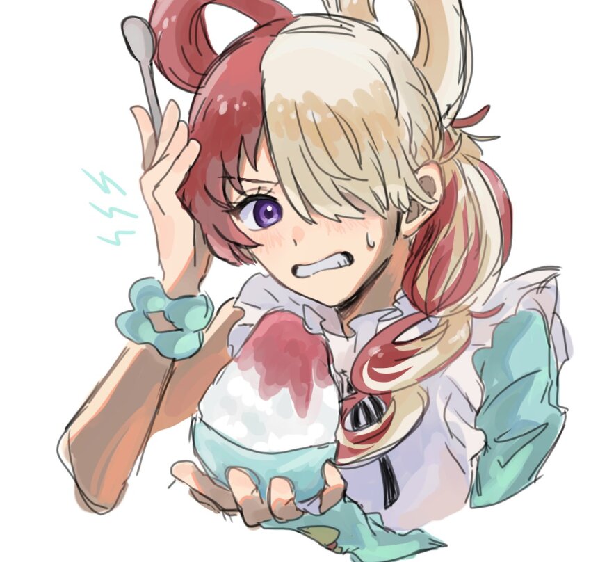 1girl black_ribbon bowl brain_freeze clenched_teeth cropped_arms cropped_torso food hair_over_one_eye hair_rings hand_on_own_head hand_up highres holding holding_bowl holding_food holding_spoon long_hair looking_at_viewer multicolored_hair one_piece purple_eyes red_hair ribbon shaved_ice single_sleeve solo split-color_hair spoon sweatdrop teeth two-tone_hair uta_(one_piece) white_hair zawazawa1739