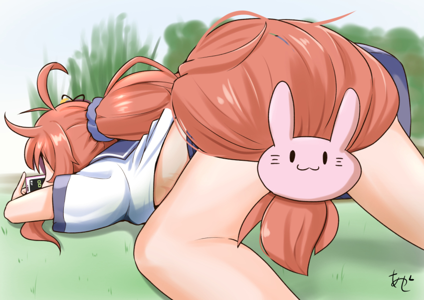 1girl :3 ahoge akashieru all_fours aoba_(kancolle) aoba_(kancolle)_(cosplay) cosplay hair_ornament kantai_collection long_hair low-tied_long_hair one-hour_drawing_challenge orange_hair panties panties_under_shorts pantyshot ponytail purple_sailor_collar purple_shorts rabbit_hair_ornament sailor_collar sailor_shirt school_uniform serafuku shirt shorts solo striped_clothes striped_panties underwear upper_body uzuki_(kancolle) white_shirt