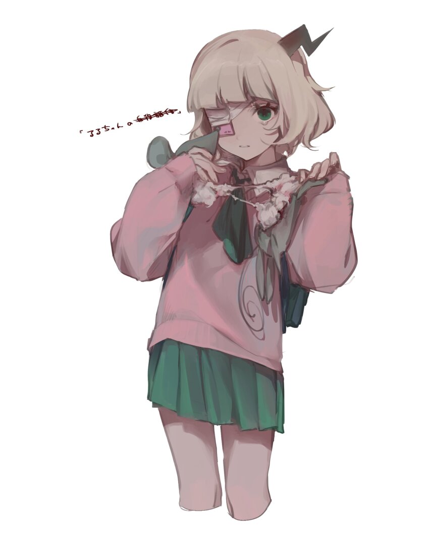 1girl absurdres bag bandaged_head bandages black_horns blonde_hair blunt_bangs cardigan cellphone collared_shirt cowboy_shot cropped_legs crying crying_with_eyes_open eyepatch green_eyes green_neckerchief green_skirt highres holding holding_stuffed_toy horns kananishi long_sleeves miniskirt neckerchief parted_lips phone phone_eyepatch pink_sweater pleated_skirt puffy_sleeves ripping ruru_(shinsei_kamattechan) shinsei_kamattechan shirt short_hair simple_background single_horn skirt sleeves_past_wrists solo standing stuffed_animal stuffed_mouse stuffed_toy sweater tears white_background white_shirt