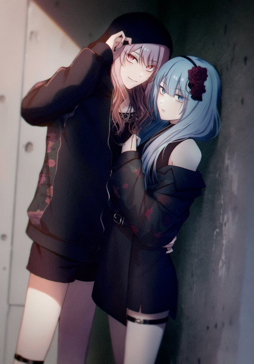 1girl 1other akiyama_mizuki androgynous bead_necklace beads black_dress black_shirt black_shorts blue_eyes blunt_bangs collarbone commentary_request cooking dress expressionless grey_hair highres holding_hoodie hood hood_up jewelry lace lace-trimmed_shirt lace_trim long_hair necklace off_shoulder pink_eyes pink_hair project_sekai shirt shorts sleeveless sleeveless_shirt smile standing swept_bangs yamaki_kai yoisaki_kanade zozotown