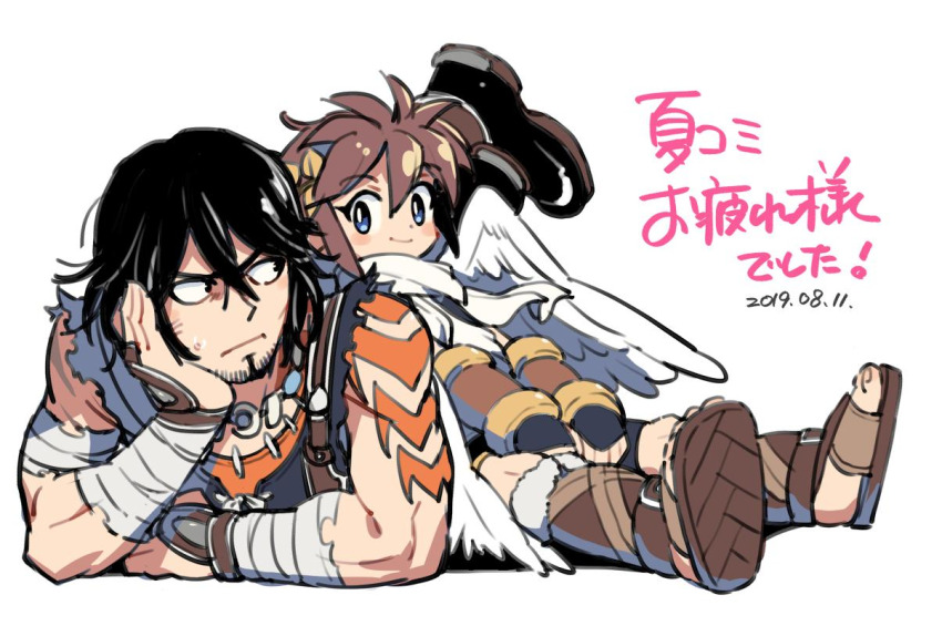 2boys angel angel_wings bandaged_arm bandages black_hair blue_eyes dated dimples enotou_(enotou_moi) kid_icarus kid_icarus_uprising lying_on_person magnus_(kid_icarus) male_focus multiple_boys muscular muscular_male nintendo pit_(kid_icarus) sandals wings